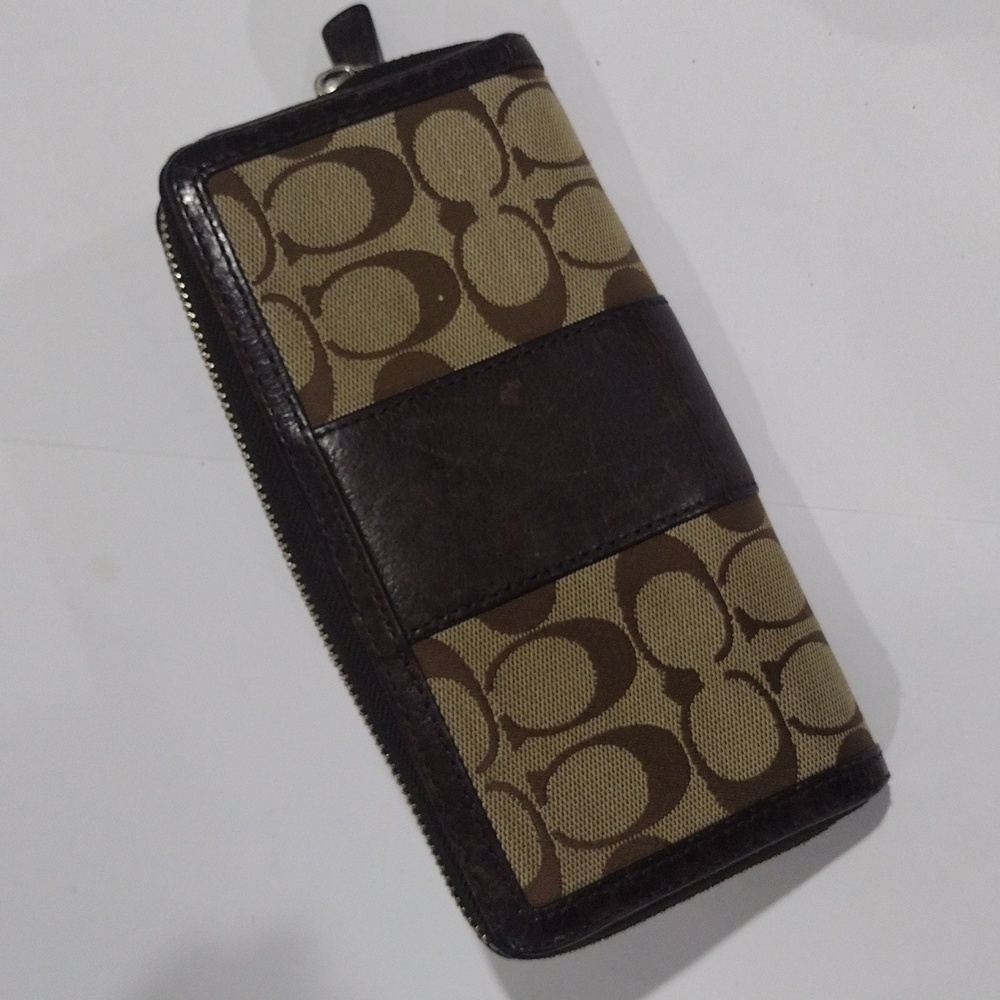 Coach Brown Canvas & Leather Trim Long Wallet – Round Zipper, Signature Logo - Picture 4 of 14